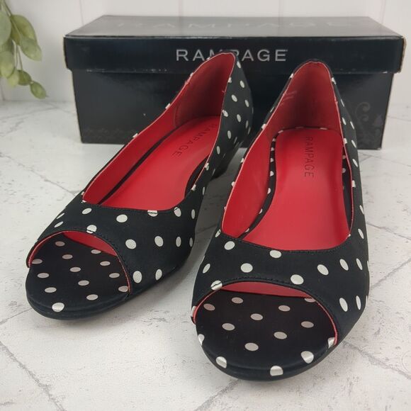 Polka Dot Black And White Peep Toe Wedge Heel Size 8M Rampage NIB Rockabilly - Picture 3 of 8